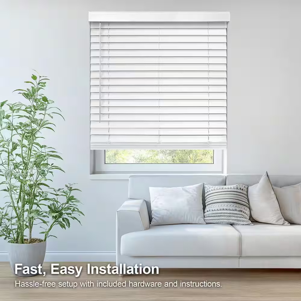 White Cordless Room Darkening Faux Wood Window Blinds with 2 In. Slats, 34 In. W