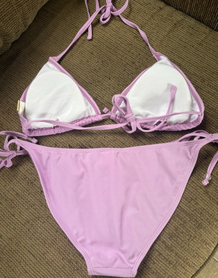 Purple/White 2-Piece Triangle Halter Bikini Swimsuit Tie-Side Bottom Size M