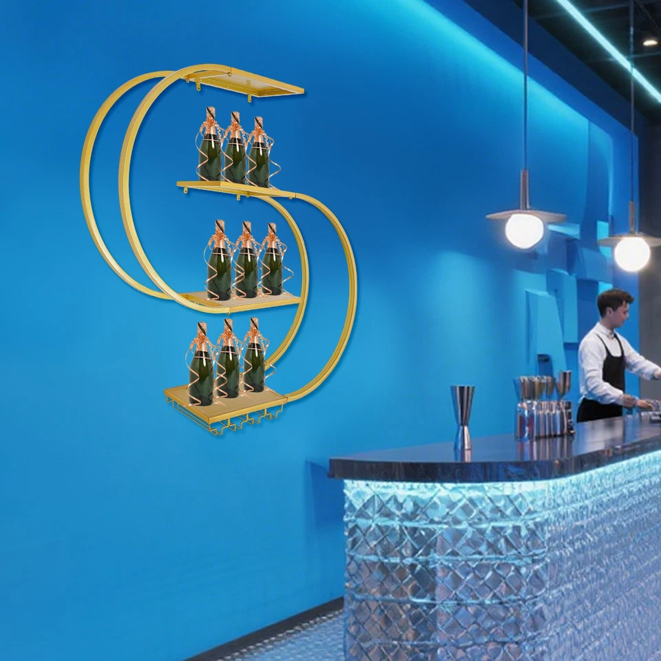 Wall Mounted Wine Rack with Wine Glass Hooks, Wine Storage Rack Gold Wine Holder - Image 3 of 4