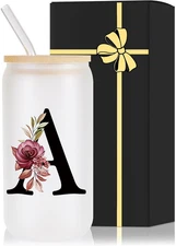 Monogrammed Glass Drinking Cup with Bamboo Lid Straw Customized Iced Coffee Tumb