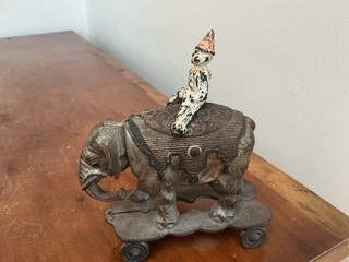 Antique Shimer Cast Iron Pull Toy Elephant Head Nodder & Clown 1800s (SCARCE!!!)