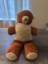 Vintage 1940s 19 Inch 2 Tone Plush Teddy Bear Missing Eyes Well Loved