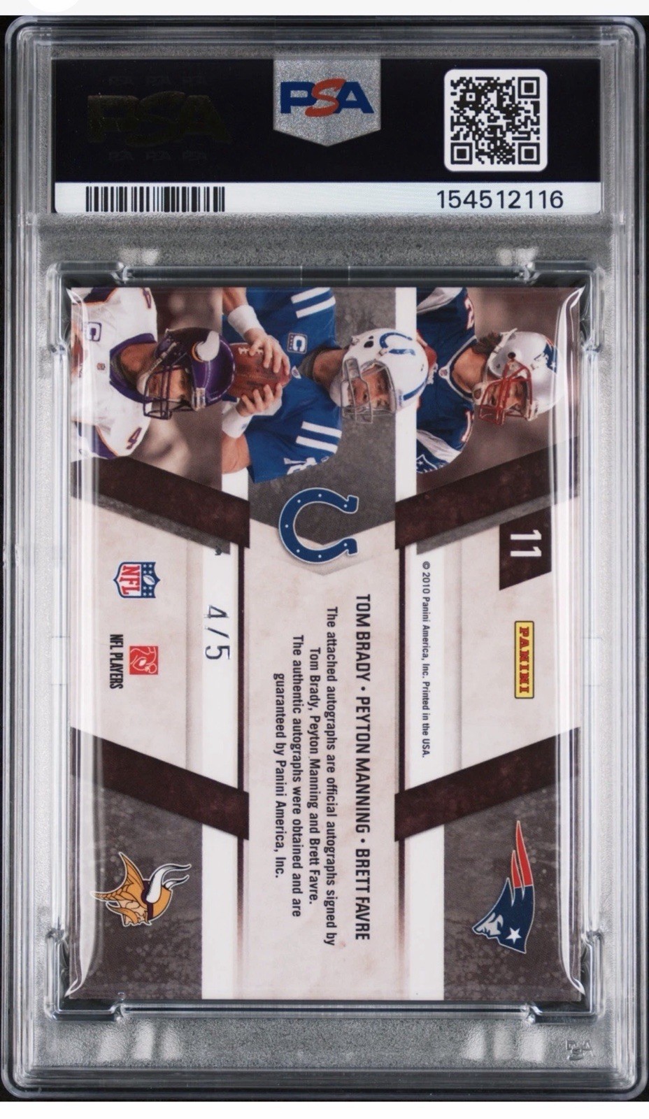 2010 PANINI TRIPLE AUTO BRETT FAVRE PEYTON MANNING TOM BRADY 4/5 PSA 7 AUTOGRAPH view 2