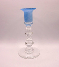 Handblown Clear Base With Blue Top Glass Candle Stick Holder 7.5 Inch High