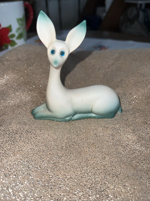 Vintage MCM Bisque Deer with blue jeweled eyes made  Japan 