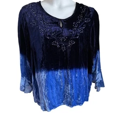 Whimsygoth Boho Luxe Velvet Blouse 2X Blue Ombre Embroidered Beaded Festival Top