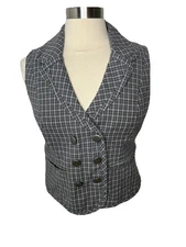 Vintage Y2K Relativity Vest Gray & Black Plaid V-Neck Button Down Academia Sz S
