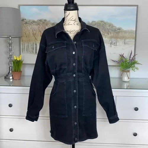 EUC Free People Bo Dress Midnight Black Denim Puff Long Sleeve Button Down XS - Picture 11 of 11