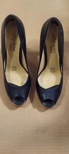 Cathy Jean Peep Toe Black Pumps 3+ Stilletto Heel Sz 8 Slip On Leather Brazil