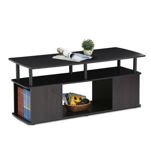 Furinno Coffee Table Black Wood Built-In Storage Space Rectangle Shape 4-Shelves - Picture 4 of 6