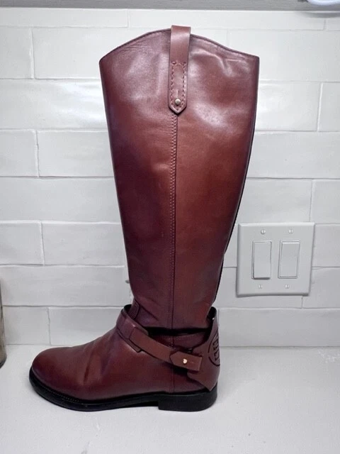 Tory Burch Derby Leather Riding Boot In Almond Brown Back Logo Sz 