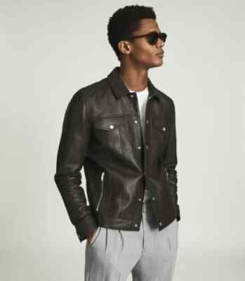 Mens Lambskin Leather Shirt Slim Fit Business Casual Classic Black Coat Shirt