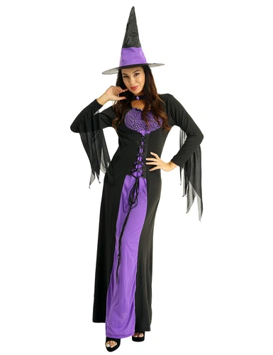 Women's Halloween Wicked Witch Theme Cosplay Costume Outfit Purple Classic Dress - Imagen 8 de 45