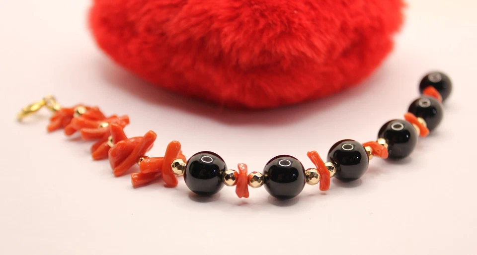 Bracciale Donna Corallo Rosso Naturale Onice e Giada Verde cm 19 exploit - Immagine 4 di 4