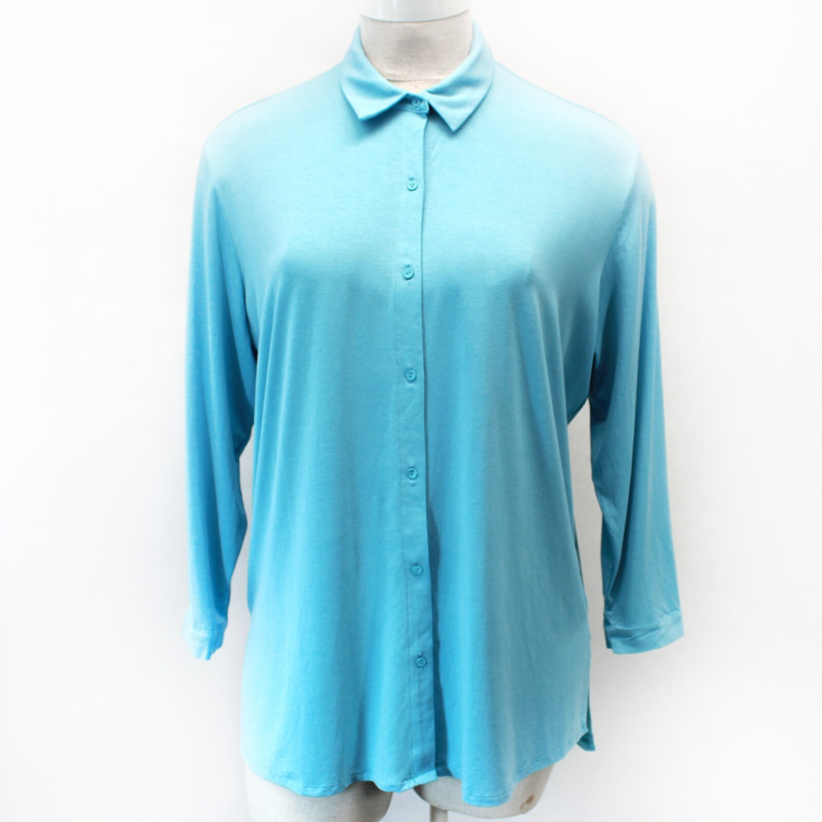 Eileen Fisher Plus Size Blue Jersey Collared Button Up Tunic Top Blouse 2X
