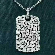 3Ct Baguette Cut Simulated Diamond Cluster Dog Tag Pendant 14k White Gold Plated