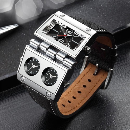 Orologio militare uomo OULM tre fusi orari unico stile punk cinturino pelle - Foto 8 di 13