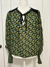 Stellah Geometric Print Ruffle Blouse Blue/Green Multicolor Small