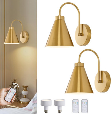 Vintage Cordless Gooseneck Battery Operated Wall Sconces Set of 2, Gold Bedside 
