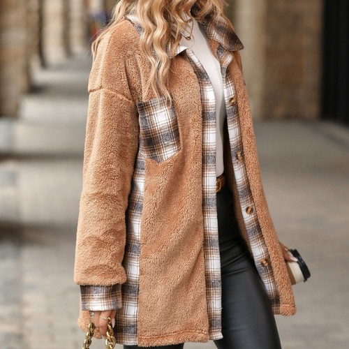 Oversized Ladies Cardigan Check Fleece Fur Warm Jacket Baggy Pockets Button Coat - Picture 9 of 17