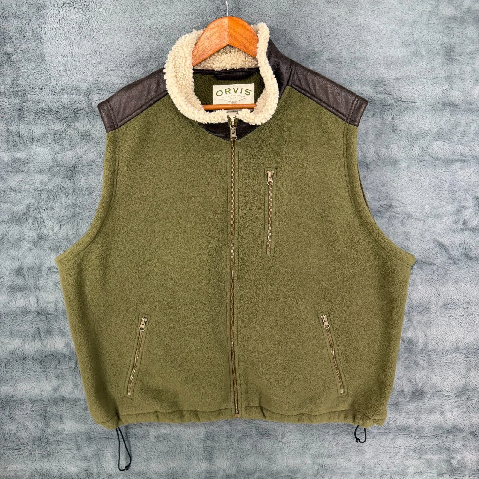 Orvis Full Zip Fleece Leather Sherpa Vest Jacket Green Men’s 2XL