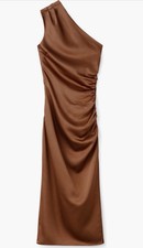 NWT Mango One-Shoulder Asymmetrical Ruched Satin Maxi Dress in Brown Size S