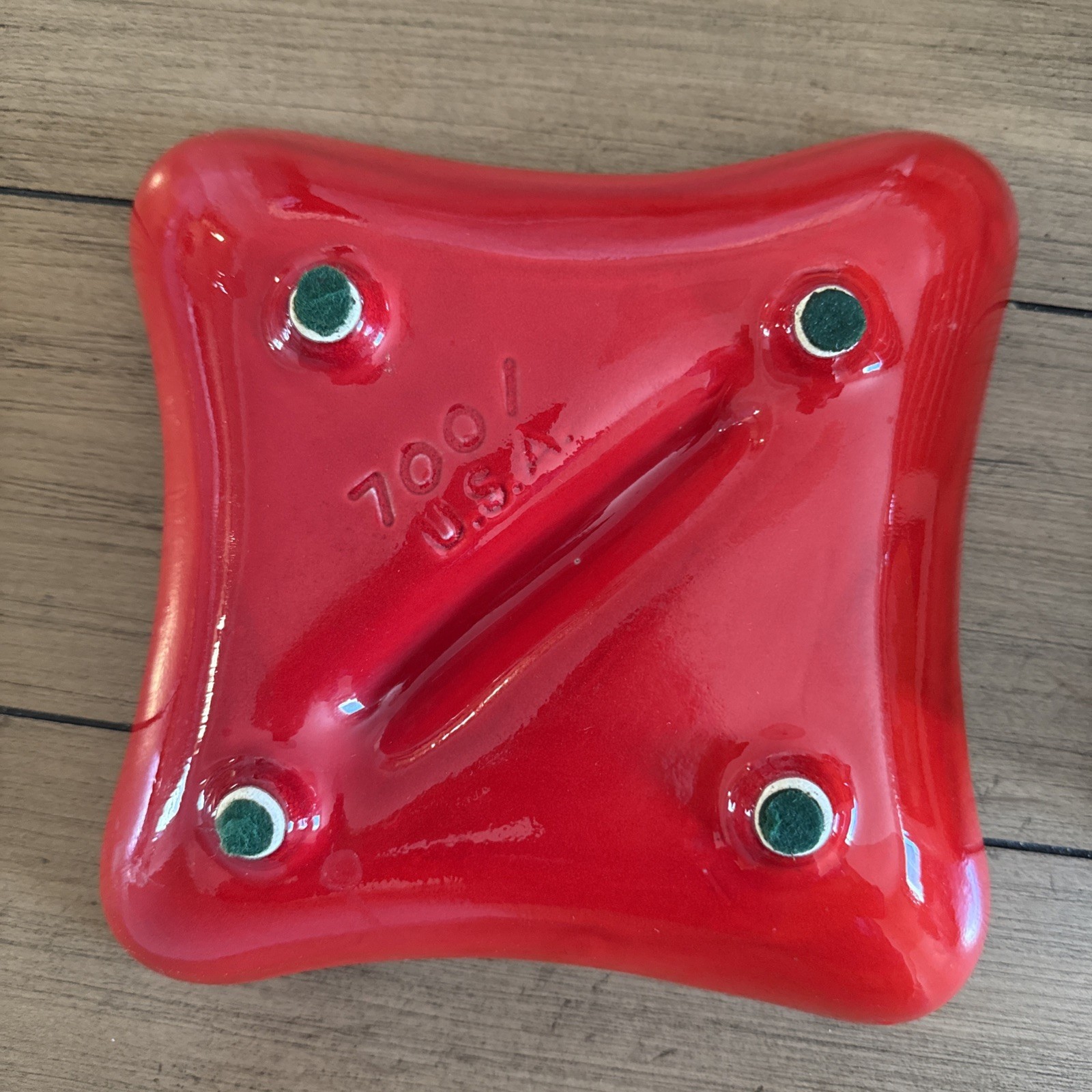 Vintage MCM Atomic Cherry Red Ceramic Square Ashtray 700/ USA Wood Grain Back