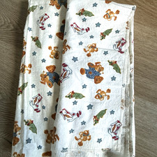 Vintage Blue Jean Teddy Bear Flannel Receiving Blankets Set of 2 Bunny 29" x 30"