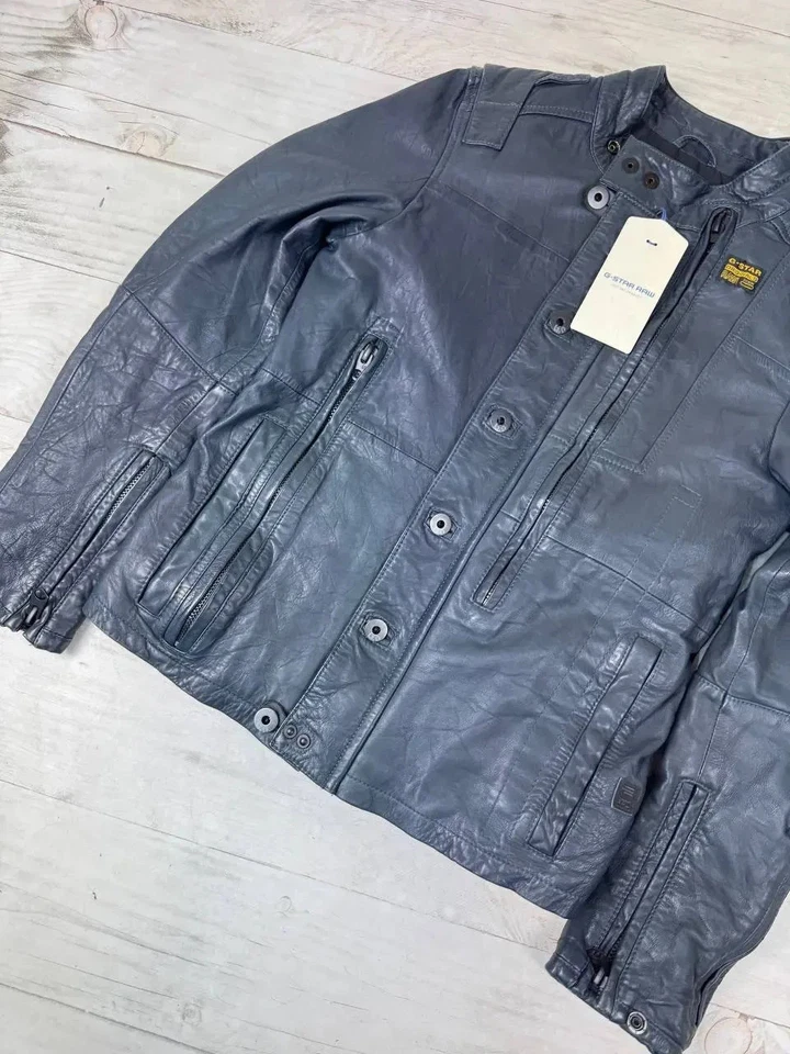 G Star Raw Finner Leather Jacket Biker Men Size S Blue - Image 3 of 4