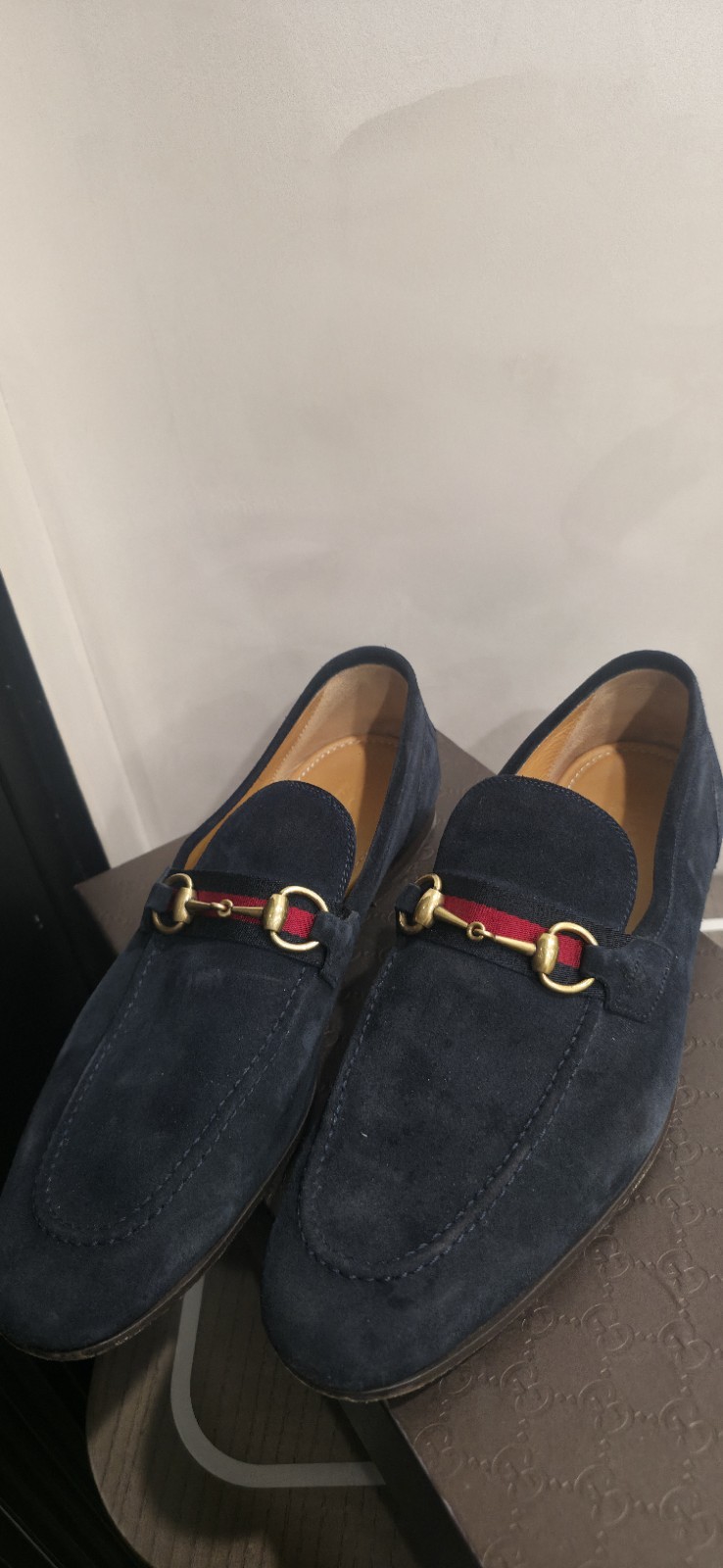 Gucci Web Gold Horsebit Blue Suede Leather Loafers  Size 10 thumbnail 6