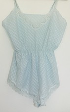 Vintage 1980s Baby Blue w Lace Teddy Lingerie Bias Cut Stripe Cotton Sleepwear