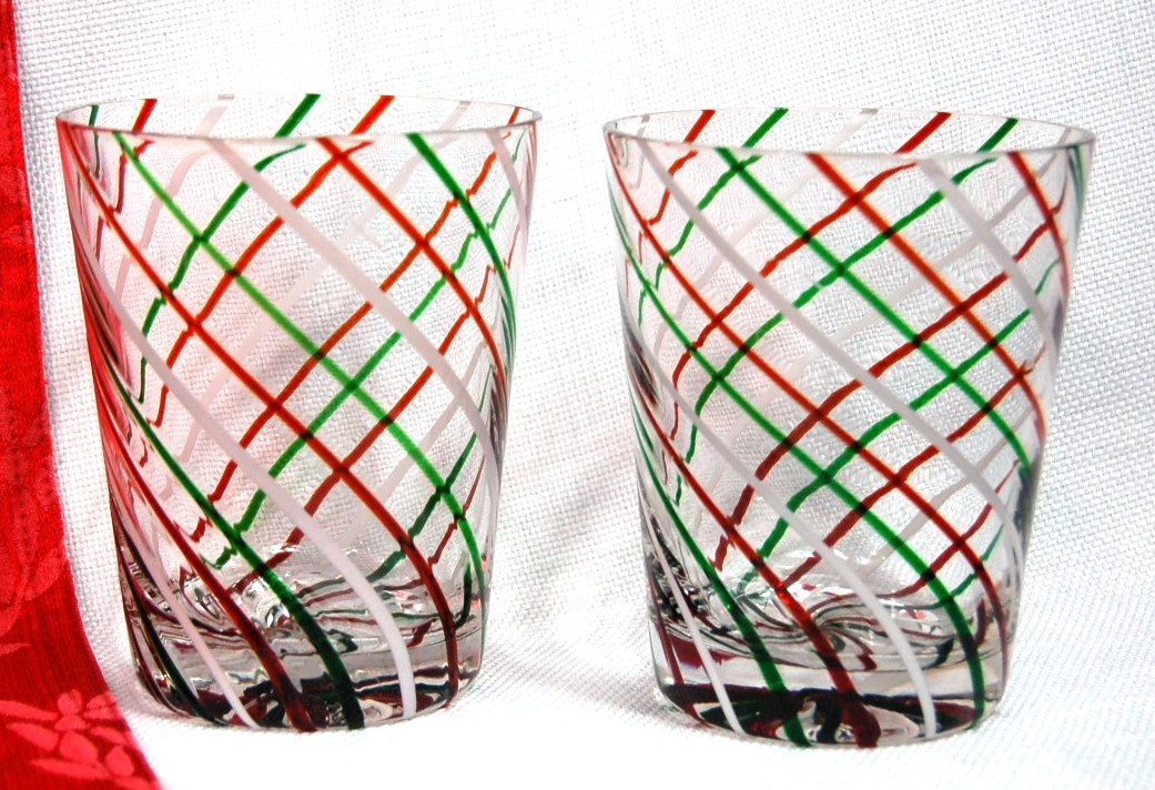 Set of 2 MCM Double Old Fashion Christmas Glasses Red Green White Swirl