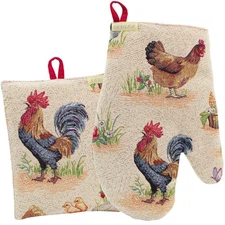 Farmhouse Rooster Tapestry Oven Mitt and Pot Holder Set, Made in Portugal