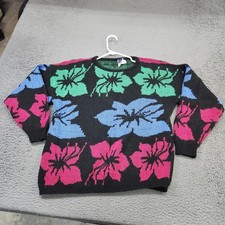Kate Collins Sweater Womens Medium Black Tropical Flower Pullover Made In USA