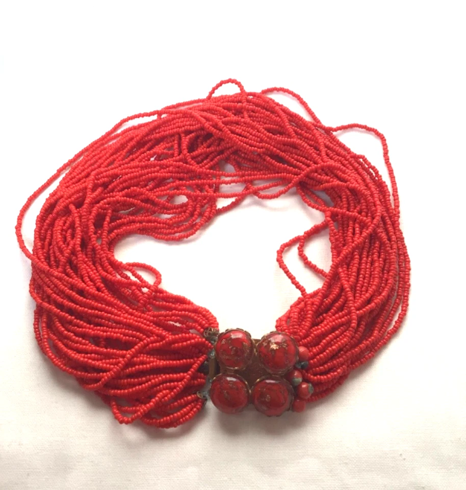 COLLIER VINTAGE PERLE MULTI RANG CHOKER FERMOIR MURANO VERRE CORAIL 1950 - Photo 3/4