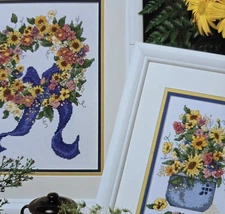 Wildflower Wreath Sunflower Bow Cross Stitch Pattern Pansy Violet Johnson 