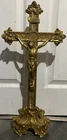 *** 1920'S ANTIQUE LARGE BRASS STANDING ALTAR CRUCIFIX W/ LILIES 21.75"