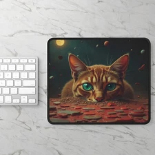 Cosmic Cat Mouse Pad - Ginger Cat, Planetary Galaxy Design
