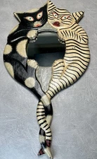 Folk Art Cat Mirror Hand Painted Wood Whimsical Black Cream Wall Decor