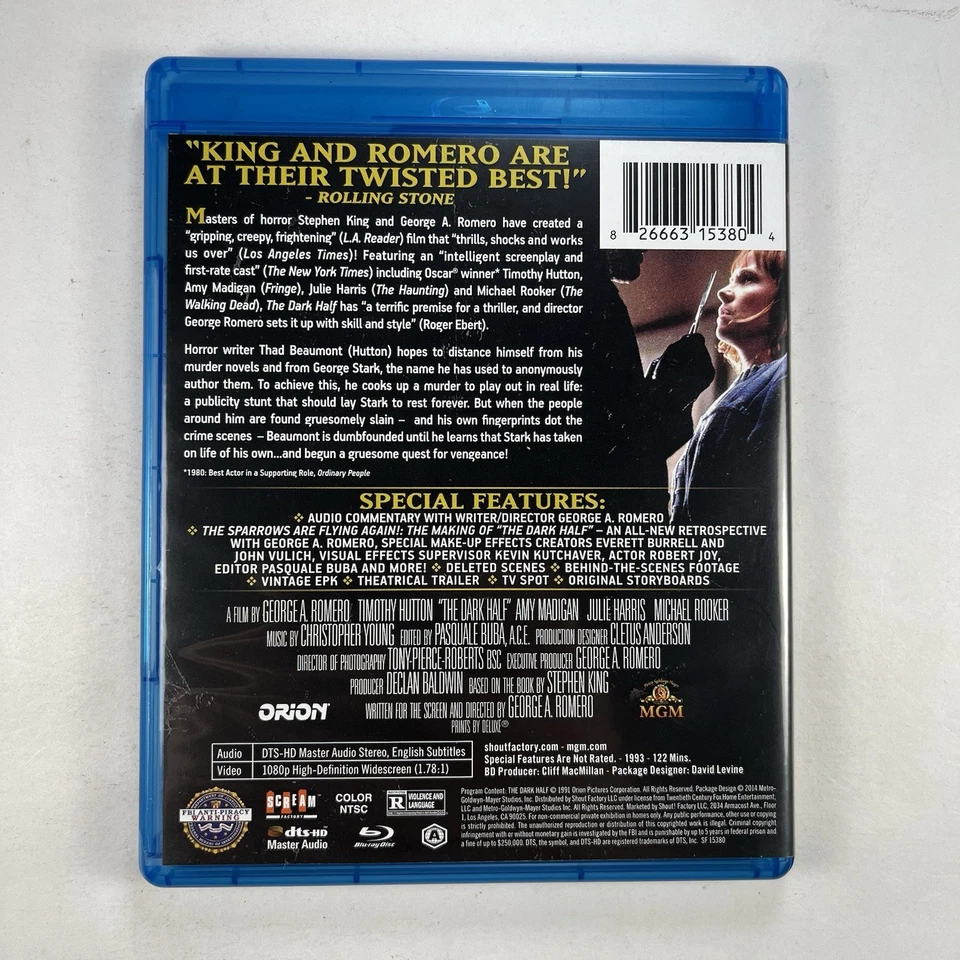 The Dark Half (Blu-ray, 1991) Scream Factory Stephen King Horror Foto 2 de 4