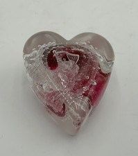 Signed Rollin Karg Heart Glass Paperweight Reddish Pink Swirl Bubbly Design