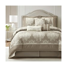 Beige Queen Comforter Set 7 Pieces, Jacquard Woven with Damask, Bedding Set i...