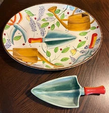 NEW Clay Art Stonelite Garden Tools Hand Painted Chip & Dip Serving Platter Set