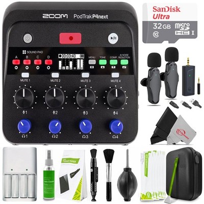 Zoom PodTrak P4next Podcast Recorder + 2-Person Wireless Mics + 32GB Kit