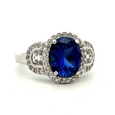 Designer 925 Sterling Silver Blue Oval Cut Cubic Zirconia Halo Set Cocktail Ring