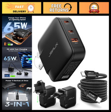 65W USB C Wall Charger - 3-Port GaN Fast Charging Block, Foldable Plug, 6.6FT Ca