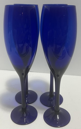 Vintage Set of 4 Libbey Cobalt Blue Glass 9” Long Stem Champagne/Wine Flutes - Picture 4 of 9