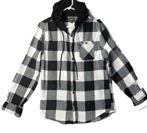 Carbon Shirt Black And White Plaid Button Up With A Drawstring Hoodie Size M
