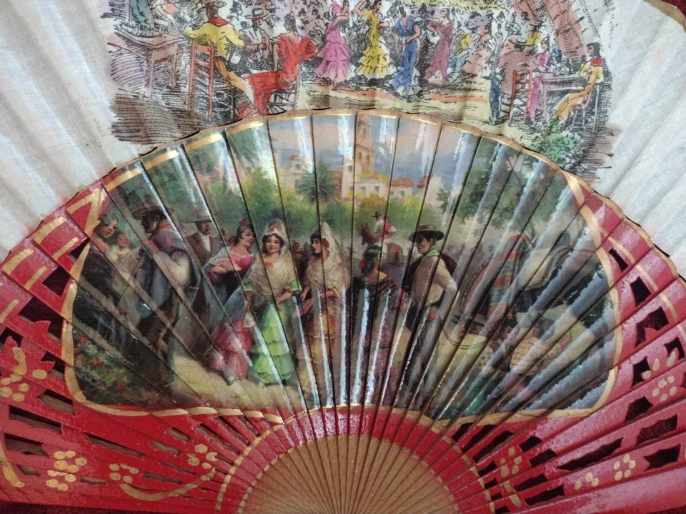 Vintage? Luque Tetuan Sevilla Wood Linen Fan Madrid Spain Souvenir W Box - Image 2 of 4