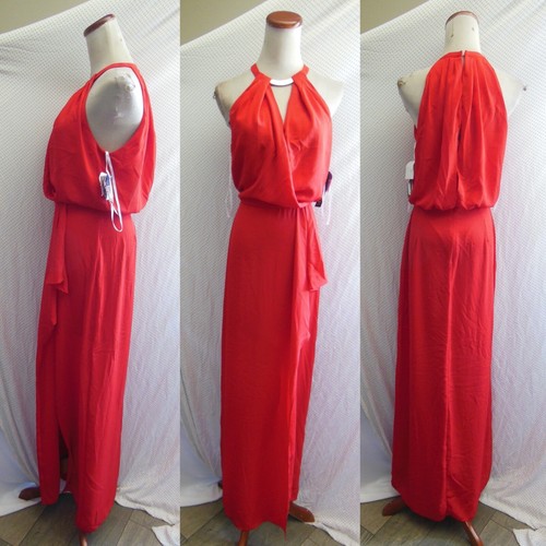NEW XSCAPE Red RUFFLE CHIFFON Gold Metal NECKLINE Halter EVENING Dress GOWN 8 - Picture 2 of 9
